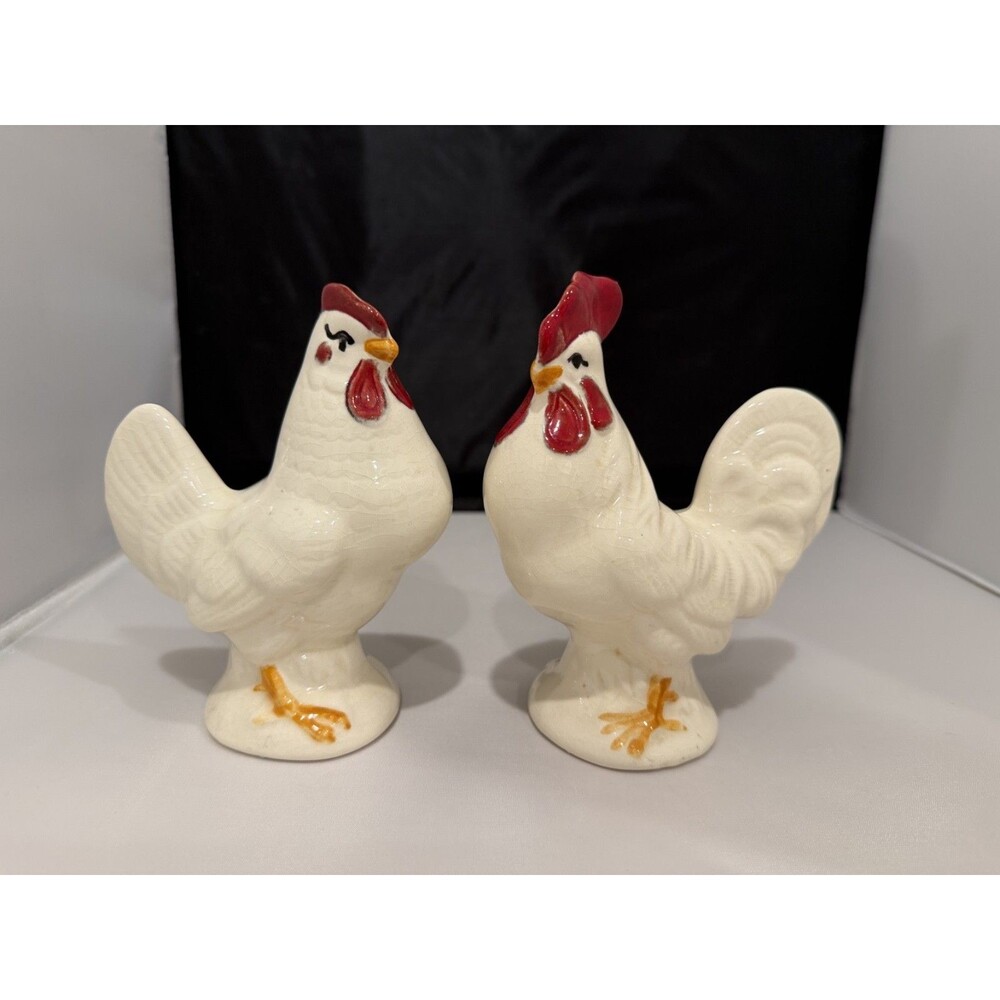 Vintage Ceramic Rooster Hen Figurine Pair Crackle Glaze Farmhouse Chicken Decor